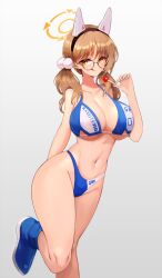 Rule 34 | 1girl, alternate costume, animal ears, bikini, blue archive, blue bikini, blush, breasts, brown hair, candy, cleavage, collarbone, fake animal ears, food, glasses, grey-framed eyewear, groin, halo, highleg, highleg bikini, highres, holding, holding candy, holding food, large breasts, lollipop, moe (blue archive), navel, notte, pom pom (clothes), rabbit ears, smile, solo, standing, standing on one leg, stomach, swimsuit, thick thighs, thighhighs, thighs, tongue, tongue out, twintails
