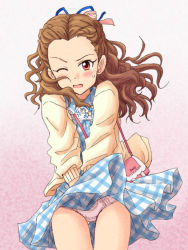 Rule 34 | 10s, 1girl, bag, blue dress, blush, brown hair, cardigan, carrying, checkered clothes, checkered dress, collared dress, cowboy shot, crotch seam, curly hair, dress, dress tug, gluteal fold, gradient background, hair ribbon, handbag, idolmaster, idolmaster cinderella girls, lace, lace-trimmed panties, lace trim, lielos, long hair, looking at viewer, one eye closed, open mouth, panties, pink background, pink panties, red eyes, red ribbon, ribbon, seki hiromi, short dress, solo, standing, sweatdrop, sweater, thigh gap, underwear, wince, wind, wind lift, yellow sweater
