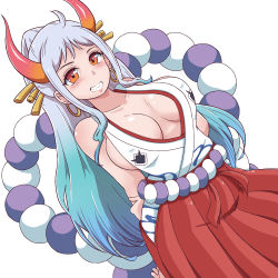 Rule 34 | 1girl, absurdres, ahoge, arms behind back, bad id, bad pixiv id, bare arms, bare shoulders, blue hair, breasts, breasts apart, collarbone, covered erect nipples, cowboy shot, curled horns, dutch angle, earrings, gradient background, green hair, grey hair, grin, hair ornament, hair stick, hakama, hand on own arm, highres, hoop earrings, horns, japanese clothes, jewelry, kaikon shokubutsu, kimono, large breasts, long hair, looking at viewer, multicolored hair, multicolored horns, one piece, oni, orange eyes, orange horns, plunging neckline, red hakama, red horns, rope, shimenawa, sideboob, sidelocks, simple background, sleeveless, sleeveless kimono, smile, solo, very long hair, white background, yamato (one piece)