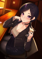 Rule 34 | 1girl, bar (place), black hair, black pantyhose, blurry, blush, breasts, chair, choker, cleavage, cocktail glass, commentary request, cup, depth of field, drinking glass, highres, jacket, kagematsuri, large breasts, miniskirt, nail polish, original, pantyhose, purple eyes, short hair, skirt, smile, solo, sweater, v-neck