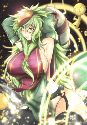 Rule 34 | 1girl, armpits, bard (league of legends), blush, breasts, carrying, curvy, female focus, frown, garter belt, garter straps, genderswap, genderswap (mtf), glasses, glitter, green hair, hair over breasts, image sample, large breasts, league of legends, long hair, looking at viewer, mask, no panties, sideboob, solo, thighhighs, torahime (roland00), wide hips, yellow eyes
