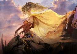 Rule 34 | 1girl, absurdres, amano yoshitaka design, bare shoulders, beads, blonde hair, breasts, cape, closed eyes, cloud, cloudy sky, detached sleeves, dress, earrings, final fantasy, final fantasy vi, gloves, hair ribbon, highres, jewelry, long hair, magitek armor, medium breasts, minami cha, official alternate costume, parted bangs, partially fingerless gloves, ponytail, profile, red dress, ribbon, riding machine, sky, strapless, strapless dress, tina branford, upper body, wavy hair, yellow cape