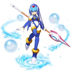 Rule 34 | 1girl, android, blue eyes, breasts, capcom, facing viewer, full body, gloves, helmet, high heels, highres, holding, holding weapon, leg up, fairy leviathan (mega man), looking at viewer, mega man (series), mega man x (series), mega man x dive, mega man zero (series), mizuno keisuke, official art, polearm, small breasts, smile, solo, thighhighs, transparent background, water, weapon