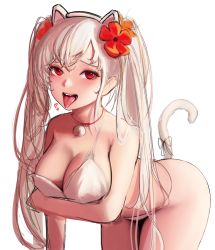 Rule 34 | 1girl, absurdres, animal ears, bare shoulders, bell, bra, breast hold, breasts, cat tail, cleavage, destiny child, fake animal ears, flower, hair flower, hair ornament, heart, heart-shaped pupils, highres, jingle bell, large breasts, leaning forward, lecheu, long hair, looking at viewer, open mouth, panties, red eyes, simple background, sketch, solo, symbol-shaped pupils, sytry (destiny child), tail, tongue, tongue out, twintails, underwear, white background, white bra, white hair, white panties