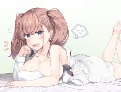 Rule 34 | 1girl, atlanta (kancolle), barefoot, bed sheet, blue eyes, blush, breasts, brown hair, collarbone, earrings, highres, jewelry, kantai collection, large breasts, long hair, lying, no headwear, no headwear, on stomach, open mouth, pillow, shirt, sleepy, solo, star (symbol), star earrings, tears, two side up, white shirt, yui (seiga)