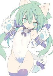 Rule 34 | 1girl, :o, animal ears, animal hands, bell, belt, belt buckle, blade (galaxist), blush, bow, buckle, commentary request, copyright request, covered erect nipples, covered navel, fang, flat chest, gloves, green eyes, green hair, groin, hair between eyes, hair bow, highleg, highleg leotard, jingle bell, leotard, long hair, looking at viewer, low twintails, parted lips, paw gloves, purple belt, purple bow, purple thighhighs, simple background, skin fang, solo, tail, tail ornament, thigh gap, thighhighs, tiger ears, tiger girl, tiger tail, twintails, very long hair, white background, white leotard