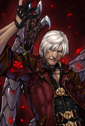 Rule 34 | 1boy, black shirt, coat, dante (devil may cry), devil may cry, devil may cry (series), devil may cry 4, facial hair, flower, flower in mouth, gloves, kink (tortoiseshell), male focus, open clothes, open coat, open collar, petals, red coat, red flower, red rose, rose, shirt, smile, solo, stubble, upper body, white hair