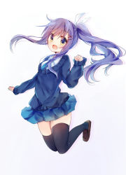Rule 34 | 1girl, asanagi kurumi (panda-doufu), black thighhighs, hair ribbon, jumping, loafers, long hair, looking at viewer, open mouth, original, outstretched arm, pleated skirt, purple hair, ribbon, school uniform, shoes, side ponytail, skirt, solo, sweater, thighhighs, white background, yellow eyes, zettai ryouiki