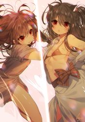 Rule 34 | 2girls, animal ears, bad id, bad pixiv id, black hair, breasts, brown hair, cleavage, multiple girls, open mouth, original, red eyes, scar, simple background, small breasts, sukja