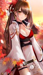 Rule 34 | 1girl, autumn leaves, azur lane, blush, breasts, brown eyes, brown hair, cleavage, closed mouth, cowboy shot, dress, efuri (riarea00), evening, highres, holding, holding sword, holding weapon, katana, large breasts, leaf, long hair, looking at viewer, maple leaf, pelvic curtain, sheath, sheathed, smile, solo, sword, very long hair, weapon, white dress, wide sleeves, zuikaku (azur lane)