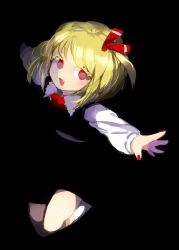 Rule 34 | 1girl, black background, black skirt, black vest, blending, blonde hair, bow, bowtie, chamaruk, collared shirt, commentary request, fang, full body, hair ribbon, highres, kneehighs, looking at viewer, medium hair, nail polish, no pupils, open mouth, outstretched arms, red bow, red bowtie, red eyes, red nails, red ribbon, ribbon, rumia, shirt, simple background, skirt, skirt set, smile, socks, solo, spread arms, touhou, triangle mouth, vest, white shirt, white socks, wing collar