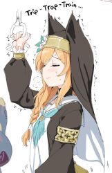 Rule 34 | 1girl, arm up, blue archive, blush, braid, clearite, closed eyes, closed mouth, long hair, long sleeves, mari (blue archive), nun, orange hair, simple background, solo, white background