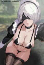 Rule 34 | 1girl, 2b (nier:automata), absurdres, ai-assisted, alternate costume, arm up, artist name, aurakera, bikini, black bikini, black blindfold, black choker, black hairband, black thighhighs, blindfold, blurry, blurry background, bob cut, breasts, choker, cleavage, closed mouth, collarbone, enmaided, frills, from above, hair over one eye, hairband, highres, large breasts, lips, looking at viewer, maid, maid bikini, maid headdress, mole, mole under mouth, navel, nier:automata, nier (series), outstretched arm, patreon username, pixel art, puffy sleeves, selfie, short hair, skindentation, solo, stomach, swimsuit, thighhighs, thighs, unconventional maid, watermark, web address, white hair