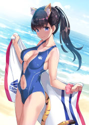 Rule 34 | 1girl, animal ear fluff, animal ears, beach, black hair, blue one-piece swimsuit, blush, breasts, cloud, collarbone, cowboy shot, day, holding, holding towel, large breasts, long hair, mutsumi masato, navel, ocean, one-piece swimsuit, original, ponytail, purple eyes, scrunchie, smile, solo, standing, swimsuit, tail, tiger ears, tiger tail, towel, water