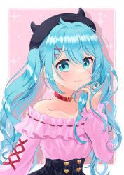 Rule 34 | 1girl, :3, beret, blue eyes, blue hair, blush, buttons, choker, cross-laced clothes, cross-laced sleeves, fake horns, frilled shirt, frills, hair ornament, hairclip, hat, hatsune miku, heart button, highres, holding, holding own hair, horned headwear, horns, long hair, long sleeves, looking at viewer, nail polish, off-shoulder shirt, off shoulder, ribbon trim, rooibos, scarf, shirt, skirt, solo, striped clothes, striped scarf, twintails, underbust, vocaloid