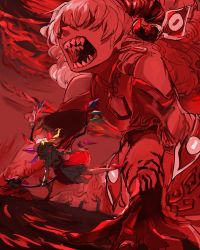 Rule 34 | 2girls, battle, blonde hair, blood, chamaruk, covered eyes, fangs, flandre scarlet, flying, giant, giantess, hands up, hat, highres, horns, laevatein (touhou), mob cap, monster, multiple girls, ponytail, red skirt, red theme, sharp teeth, sheep horns, size difference, skirt, spoilers, teeth, touhou, sunken fossil world, toutetsu yuuma