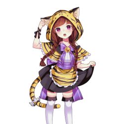 Rule 34 | 1girl, :o, animal ears, animal hood, animal print, apron, bare shoulders, bell, black ribbon, black skirt, blush, bow, bowtie, braid, breasts, brown hair, capelet, cat ears, cat tail, clenched hand, clothes lift, collarbone, dress, facing viewer, fake animal ears, fake tail, frilled apron, frills, front braid, hair over shoulder, hand up, head tilt, hood, jingle bell, legs apart, lifting own clothes, long hair, looking at viewer, manekohime wenzudei, miniskirt, off shoulder, official art, open mouth, parted bangs, paw pose, pink eyes, pleated skirt, purple bow, purple bowtie, ribbon, sash, shirt, skirt, skirt lift, small breasts, solo, standing, tail, tail ornament, thighhighs, tiger ears, tiger print, tiger tail, transparent background, twintails, uchi no hime-sama ga ichiban kawaii, waist apron, wednesday (uchi no hime-sama), white shirt, white thighhighs, wrist ribbon, zettai ryouiki