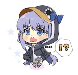 Rule 34 | !?, 1girl, animal hood, artist name, black jacket, blue bow, blue eyes, blush, bow, chibi, colored shadow, commentary request, fate/grand order, fate (series), full body, grey footwear, hair between eyes, hood, hood up, hooded jacket, jacket, long hair, long sleeves, looking at viewer, meltryllis, meltryllis (fate), meltryllis (swimsuit lancer) (fate), meltryllis (swimsuit lancer) (first ascension) (fate), open mouth, penguin hood, popo (popopuri), purple hair, shadow, sleeves past fingers, sleeves past wrists, solo, spoken interrobang, standing, star (symbol), teeth, upper teeth only, very long hair, wavy mouth, white background