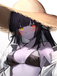 Rule 34 | 1girl, absurdres, bare shoulders, bikini, black bikini, black hair, blunt bangs, blush, breasts, brown hat, cleavage, closed mouth, collarbone, colored skin, commentary request, commission, final fantasy, final fantasy xiv, hat, heterochromia, highres, horns, long hair, looking at viewer, medium breasts, off shoulder, open clothes, open shirt, purple skin, red eyes, ringed eyes, shirt, simple background, skeb commission, solo, straw hat, swimsuit, tab head, upper body, warrior of light (ff14), white background, white shirt, yellow eyes