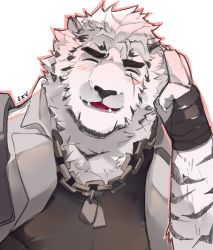 Rule 34 | 1boy, animal ears, arknights, bad id, bad twitter id, bandaged hand, bandages, black tank top, blush, chain, chain necklace, dog tags, fangs, furry, furry male, highres, jacket, jacket on shoulders, jewelry, male focus, mountain (arknights), necklace, pectorals, sak (sakarov ), salute, scar, scar across eye, scar on face, short hair, solo, tank top, thick eyebrows, tiger boy, tiger ears, two-finger salute, upper body, white fur, white hair