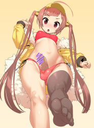 Rule 34 | 1girl, ahoge, azur lane, bare shoulders, bikini, black thighhighs, blunt bangs, blush, breasts, brown hair, censored, chestnut mouth, clenched hand, commentary request, erection, feet, fingernails, foot focus, from below, fur-trimmed jacket, fur trim, furrowed brow, futanari, gluteal fold, groin, hair ornament, hand up, highres, jacket, long hair, long sleeves, looking at viewer, looking down, navel, no shoes, nose blush, open mouth, orange background, penis, penis in swimsuit, ping hai (azur lane), ping hai (summer vacation) (azur lane), red bikini, red eyes, shiny clothes, side-tie bikini bottom, simple background, single thighhigh, small breasts, soles, solo, standing, standing on one leg, swimsuit, testicles, thighhighs, toes, tomoyuki kotani, twintails, v-shaped eyebrows, very long hair, visor cap, yellow jacket