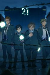 Rule 34 | 4boys, adjusting clothes, arm at side, arms at sides, barbed wire, black hair, black necktie, blonde hair, brown hair, building, clenched teeth, crack, cracked floor, cube, echo (circa), fat, fat man, furrowed brow, glowing, guard rail, hand in pocket, jacket, kazama souya, kizaki reiji, lineup, long sleeves, looking at viewer, multicolored hair, multiple boys, necktie, night, open clothes, open jacket, outdoors, outstretched hand, pants, red eyes, reflective floor, shoes, standing, suwa koutarou, teeth, terashima raizou, two-tone hair, uniform, world trigger