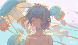 Rule 34 | 1girl, air bubble, bubble, closed eyes, closed mouth, echosdoodle, eyelashes, floating, floating hair, highres, jellyfish, lips, multicolored hair, nude, original, pointy ears, short hair, sidelocks, solo