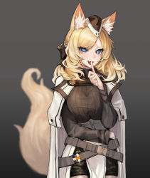 Rule 34 | animal ear fluff, animal ears, arknights, blonde hair, blue eyes, blush, coat, finger to mouth, highres, horse ears, horse girl, horse tail, long hair, looking at viewer, myomu, skirt, solo, tail, whislash (arknights)