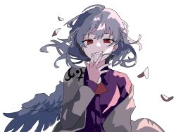 1girl 5o_(yaae531997) ascot collared_shirt commentary floating_hair grey_hair grin half_up_braid hand_up jacket kishin_sagume korean_commentary long_sleeves looking_at_viewer medium_hair open_clothes open_jacket purple_shirt red_ascot red_eyes shirt single_wing smile solo touhou upper_body white_background wind wings