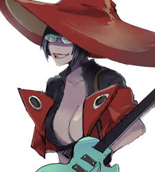 Rule 34 | 1girl, black gloves, black hair, black shirt, breasts, center opening, coattails, commentary, crop top, glasses, gloves, guilty gear, guilty gear strive, guitar, hat, holding, holding guitar, holding instrument, i-no, instrument, jacket, large breasts, layered sleeves, lipstick, makeup, open clothes, open jacket, open mouth, ranko no ane, red headwear, red jacket, red lips, round eyewear, shirt, short hair, short sleeves, smile, teeth, upper body, white background, witch hat, yellow eyes