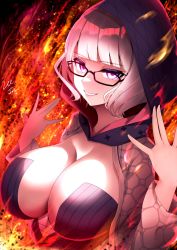 Rule 34 | 1girl, black dress, black jacket, blue eyes, breasts, cleavage, cropped jacket, dress, fate/grand order, fate (series), fire, glasses, grey hair, grin, hood, hood up, hooded jacket, jacket, jacques de molay (foreigner) (fate), large breasts, lee-taro, long sleeves, looking at viewer, open clothes, open jacket, short hair, smile, solo