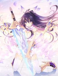 Rule 34 | 1girl, armored boots, bad id, bad yandere id, blush, boots, breasts, cleavage, date a live, floating hair, full body, hair between eyes, highres, holding, holding sword, holding weapon, kneeling, long hair, looking at viewer, medium breasts, official art, purple eyes, purple hair, solo, sword, thighhighs, tsunako, very long hair, weapon, white thighhighs, yatogami tooka