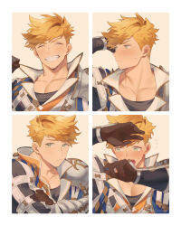 Rule 34 | 1boy, armor, artist name, bara, blonde hair, blush, brown gloves, closed eyes, closed mouth, crossed arms, crying, crying with eyes open, embarrassed, expressions, gloves, granblue fantasy, green eyes, highres, large pectorals, male focus, muscular, muscular male, open mouth, orange shirt, pauldrons, pectorals, shirt, short hair, shoulder armor, single pauldron, smile, tears, teeth, vane (granblue fantasy)