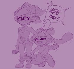 Rule 34 | + +, 2girls, ^ ^, areola slip, assisted exposure, bare shoulders, blush, boots, breasts, callie (splatoon), closed eyes, closed mouth, collarbone, comic panel redraw, derivative work, detached collar, domino mask, earrings, embarrassed, english text, fangs, female focus, full body, gloves, hand on own hip, happy, hexanne, holding, holding microphone, jewelry, jpeg artifacts, leggings, leggings pull, long hair, marie (splatoon), mask, microphone, mole, mole under eye, monochrome, multiple girls, nintendo, no panties, nose blush, object on head, on one knee, open mouth, pantsing, pointy ears, pulling another&#039;s clothes, purple background, purple theme, short hair, sidelocks, simple background, sketch, small breasts, smile, speech bubble, splatoon (series), splatoon 1, standing, strapless, suction cups, sweat, talking, teeth, tentacle hair, tentacles, thick eyebrows, tube top, twintails, unfinished, v-shaped eyebrows