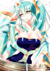 Rule 34 | 1girl, arm up, armpits, bad id, bad pixiv id, bare shoulders, blue dress, blue hair, blush, breasts, cleavage, dress, etwahl, hand in own hair, hand in pocket, head tilt, huge breasts, instrument, large breasts, league of legends, long hair, looking at viewer, low neckline, seo, smile, sona (league of legends), strapless, strapless dress, string, twintails, upper body, very long hair, yellow eyes