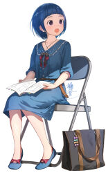 Rule 34 | 1girl, :o, aqua dress, arched bangs, black bag, blue hair, blunt bangs, blush, book, center frills, chair, collarbone, commentary request, commission, dress, folding chair, frills, full body, highres, holding, holding book, idolmaster, idolmaster cinderella girls, jewelry, looking to the side, necklace, okazaki yasuha, okeno kamoku, short hair, signature, simple background, sitting, solo, white background