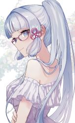 Rule 34 | 1girl, alternate costume, ayaka (genshin impact), bare shoulders, bespectacled, blue eyes, blunt bangs, commentary request, dress, genshin impact, glasses, grey dress, grey hair, highres, kusunoki r, long hair, looking at viewer, off-shoulder dress, off shoulder, ponytail, short sleeves, smile, solo, upper body, very long hair