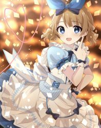 Rule 34 | 1girl, back bow, blue eyes, blurry, blurry background, blush, bow, brown hair, confetti, dress, finger gun, frilled sleeves, frills, hair bow, hand on own hip, heart, highres, idolmaster, idolmaster million live!, looking at viewer, neck ribbon, pinafore dress, puffy short sleeves, puffy sleeves, ribbon, short sleeves, short twintails, sleeveless dress, smile, solo, suou momoko, twintails, wrist cuffs, yaegashi (yegs1227)