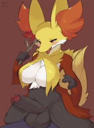 Rule 34 | 1girl, 1other, animal ear fluff, animal ears, animal hands, animal nose, artist name, black fur, blush, body fur, breasts, claws, cleavage, creatures (company), delphox, erection, fang, foreskin, fox ears, fox girl, fox tail, furry, furry female, futa with other, futanari, game freak, gen 6 pokemon, half-closed eyes, hands up, highres, holding, holding stick, honey calamari, implied sex, large breasts, legs apart, looking down, naughty face, nintendo, open mouth, penis, phimosis, pokemon, pokemon (creature), red background, red eyes, red fur, signature, simple background, snout, solo focus, stick, straddling, tail, testicles, thighs, tongue, tongue out, uncensored, white fur, yellow fur