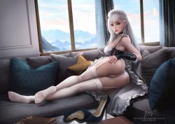 Rule 34 | 1girl, ass, azur lane, bare shoulders, belfast (azur lane), black dress, black gloves, blondynkitezgraja, blue nails, braid, breasts, bridal gauntlets, chain, choker, clothes lift, couch, dress, french braid, garter straps, gloves, high heels, highres, long hair, looking at viewer, maid, maid headdress, medium breasts, nail polish, on couch, panties, presenting, silver hair, skirt, skirt lift, smile, solo, thighhighs, underwear, very long hair, white panties, white thighhighs