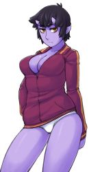 Rule 34 | 1girl, bare legs, black hair, breasts, cardigan, cleavage, colored skin, female focus, frown, highres, horns, ittla, jacket, large breasts, monster girl, no pants, oni, open cardigan, open clothes, orange eyes, original, panties, pointy ears, purple skin, short hair, slit pupils, solo, standing, sweater, thick thighs, thighs, track jacket, ume (ittla), underwear, white panties, yellow eyes