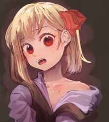 Rule 34 | 1girl, bite mark, bite mark on shoulder, black vest, blonde hair, blush, bow, breath, close-up, collarbone, collared shirt, d:, dark background, eyebrows hidden by hair, eyelashes, fangs, flustered, furrowed brow, hair behind ear, heavy breathing, highres, looking at viewer, nose, off shoulder, open mouth, red bow, red eyes, rumia, shamo (koumakantv), shiny skin, shirt, simple background, slit pupils, solo, sweat, swept bangs, teeth, tongue, touhou, unbuttoned, upper body, upper teeth only, vest, white shirt, wing collar
