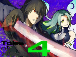Rule 34 | 1boy, 1girl, bare shoulders, black hair, breasts, coat, copyright name, elbow gloves, gaius (tales), gloves, green eyes, hair over one eye, long hair, multicolored hair, muzet (tales), open mouth, purple background, red eyes, short hair, tales of (series), tales of xillia, tales of xillia 2, weapon