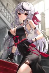 Rule 34 | 1girl, bare shoulders, black collar, black dress, black gloves, black hair, blush, braid, breasts, cleavage, collar, dress, gloves, grey hair, gun, hair ornament, highres, holding, holding gun, holding weapon, hololive, inari (ambercrown), large breasts, long hair, looking at viewer, multicolored hair, open mouth, red eyes, sakamata chloe, solo, streaked hair, virtual youtuber, weapon, x hair ornament