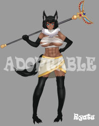 Rule 34 | 1girl, abs, adoptable, animal ears, animal hands, anubis, black hair, character sheet, colored skin, commentary, commission, dark skin, dog ears, egyptian, egyptian clothes, for adoption, full body, green eyes, grey background, highres, monster girl, mummy costume, original, self-upload, simple background, tail