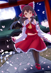 Rule 34 | 1girl, architecture, ascot, black pantyhose, blush, bow, brown hair, cherry blossoms, commentary request, detached sleeves, dutch angle, east asian architecture, expressionless, full moon, gohei, hair between eyes, hair blowing, hair bow, hair tubes, hakurei reimu, hakurei shrine, looking at viewer, mary janes, midriff, midriff peek, moon, navel, night, outdoors, pantyhose, petals, ponytail, red eyes, red footwear, red skirt, red vest, ribbon-trimmed sleeves, ribbon trim, shoes, short hair, sidelocks, skirt, skirt set, sky, solo, standing, star (sky), starry sky, stone walkway, tomo takino, torii, touhou, twitter username, vest, wind, wind lift, yellow ascot