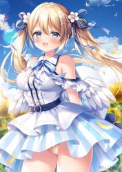 Rule 34 | 1girl, :d, bare shoulders, blonde hair, blue eyes, blue ribbon, blue sky, blurry, blurry background, blush, bow, bow panties, breasts, center frills, cloud, collared shirt, commentary request, day, depth of field, feathered wings, floating hair, flower, frills, hair between eyes, hair flower, hair ornament, hair ribbon, hairclip, long hair, low wings, medium breasts, mitsuba choco, open mouth, original, outdoors, panties, ribbon, shirt, skirt, sky, sleeveless, sleeveless shirt, smile, solo, standing, striped clothes, striped ribbon, striped skirt, sunflower, twintails, twitter username, underwear, vertical-striped clothes, vertical-striped skirt, very long hair, white flower, white shirt, white wings, wings, yellow flower, yellow panties