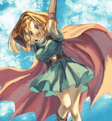 Rule 34 | 1girl, arm behind head, arm up, barbara (dq6), bare legs, belt, black gloves, blue dress, blue sky, breasts, brown socks, cape, cloud, cloudy sky, commentary request, day, dragon quest, dragon quest vi, dress, earrings, elbow gloves, foot out of frame, gloves, high ponytail, highres, jewelry, large breasts, long hair, looking at viewer, macho ojiji, open mouth, orange hair, purple eyes, red cape, short sleeves, sky, socks, solo, teeth, upper teeth only