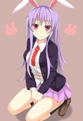 Rule 34 | 1girl, :c, animal ears, ashu, covering privates, covering crotch, jacket, long hair, long sleeves, looking at viewer, necktie, open clothes, open jacket, pink eyes, pleated skirt, purple hair, rabbit ears, red necktie, reisen udongein inaba, shirt, skirt, solo, squatting, touhou, very long hair