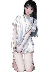 Rule 34 | 1girl, bare legs, barefoot, black eyes, black hair, closed mouth, full body, highres, kneeling, looking at viewer, naked shirt, original, shirt, short sleeves, simple background, smile, solo, thigh gap, tsunko (9v2 q), white background